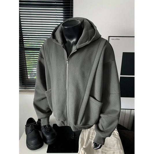 Cleanfit American Style Zipper Hoodie Short Boxy Solid Color Open Cardigan Sweatshirt Loose Fit Men Casual Wear