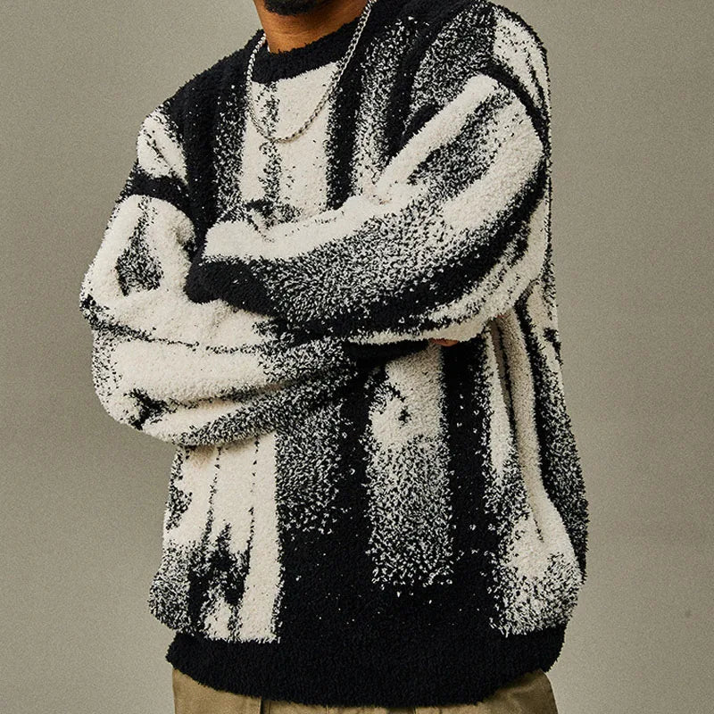 Autumn & Winter New Loose Men's Sweater Knit Base Shirt Men's Match Color Striped Sweater Street Fashion Casual Knitwear T-shirt