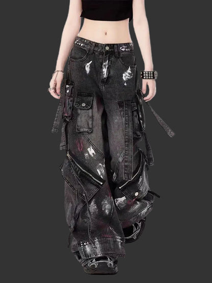 Wonkru Y2K Washed Black Cargo Jeans – Street Goth Edition